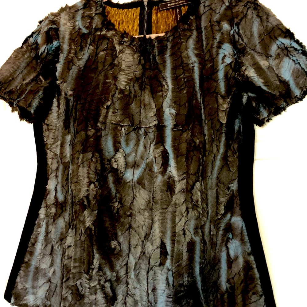 BCBG MAX AZRIA top with variegated colors of soft teal, blue and black.